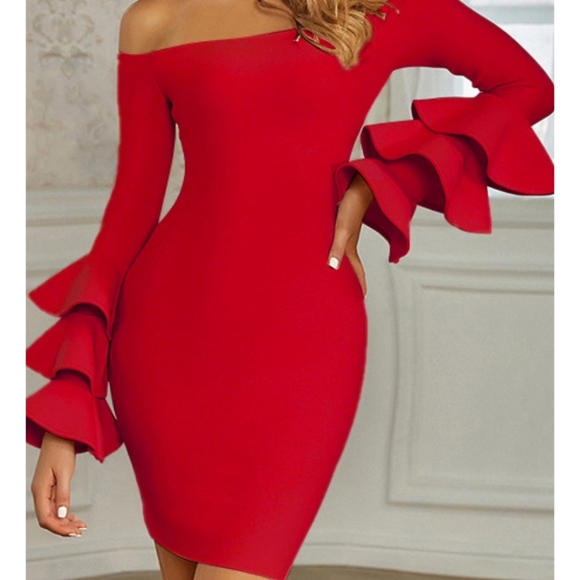 None Dresses & Skirts - Red off shoulder ruffle sleeves Dress Size L